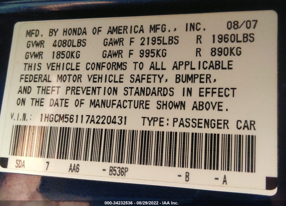 2007 HONDA ACCORD VIN: 1HGCM56117A220431