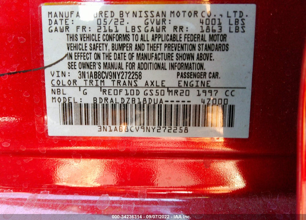 2022 NISSAN SENTRA SV XTRONIC CVT VIN: 3N1AB8CV9NY272258