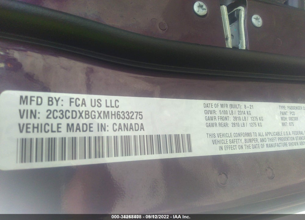 2021 DODGE CHARGER SXT RWD VIN: 2C3CDXBGXMH633275
