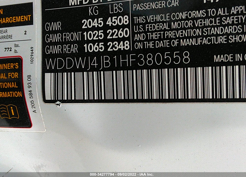 2017 MERCEDES-BENZ C 300 VIN: WDDWJ4JB1HF380558