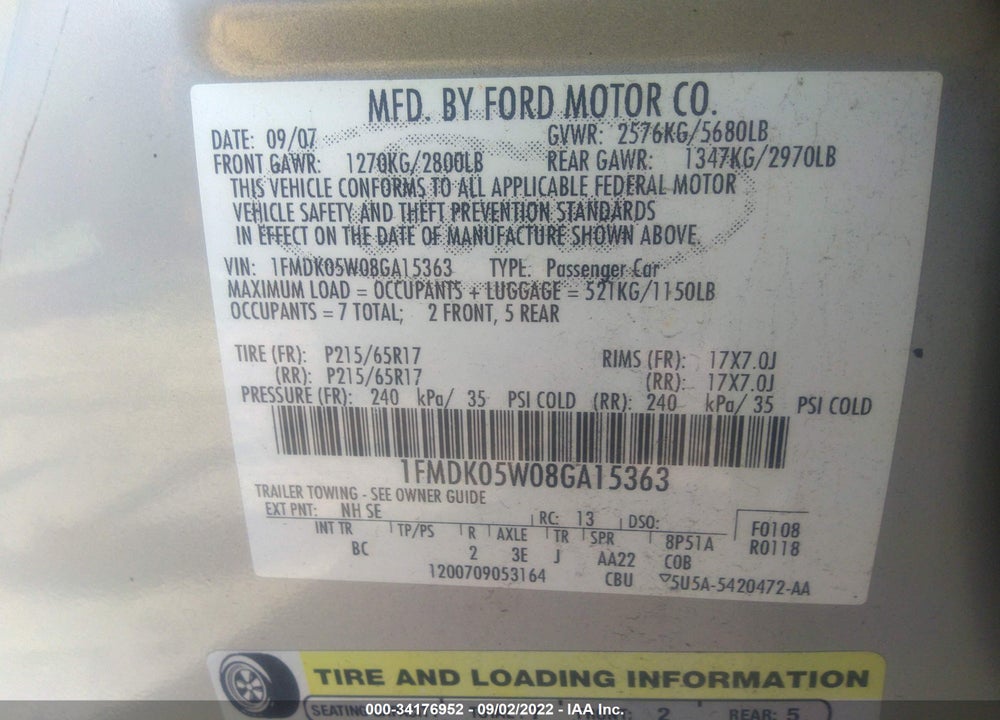 2008 FORD TAURUS X SEL VIN: 1FMDK05W08GA15363