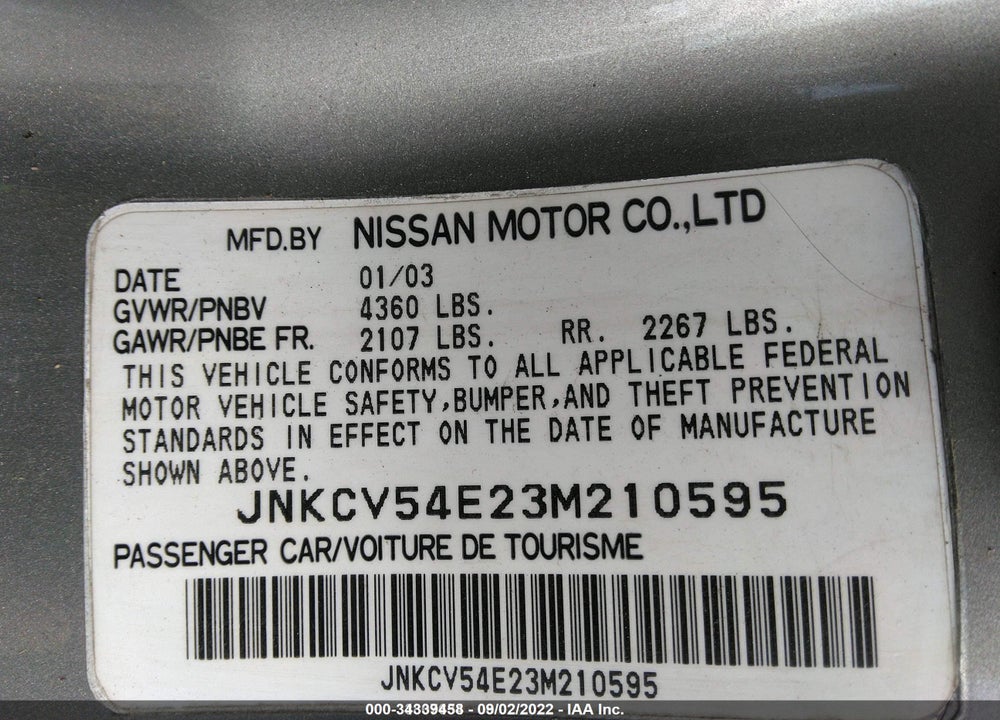 2003 INFINITI G35 W/LEATHER VIN: JNKCV54E23M210595