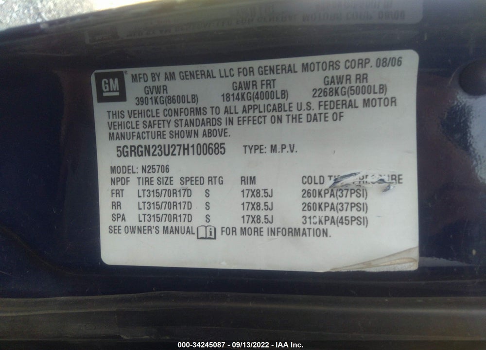 2007 HUMMER H2 SUV VIN: 5GRGN23U27H100685