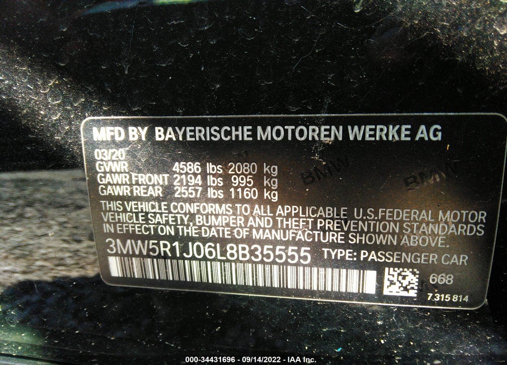 2020 BMW 3 SERIES VIN: 3MW5R1J06L8B35555