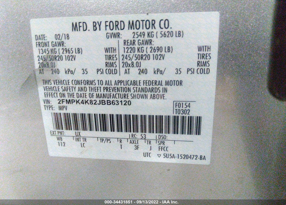 2018 FORD EDGE TITANIUM VIN: 2FMPK4K82JBB63120