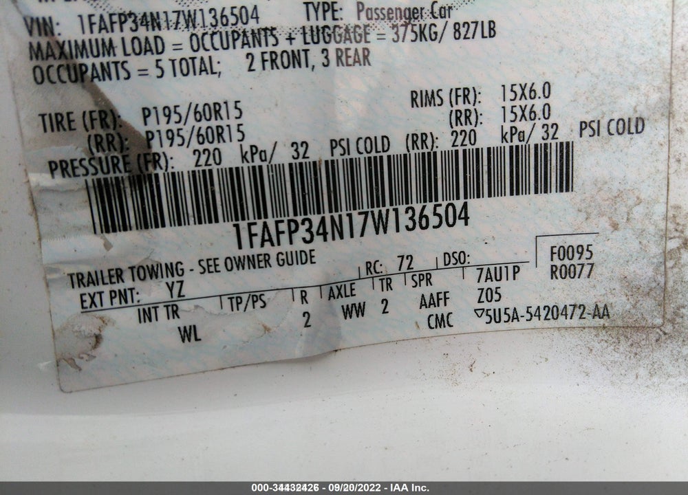 2007 FORD FOCUS S/SE/SES VIN: 1FAFP34N17W136504