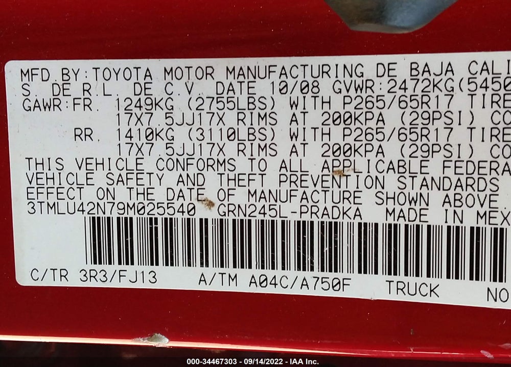 2009 TOYOTA TACOMA BASE V6 VIN: 3TMLU42N79M025540