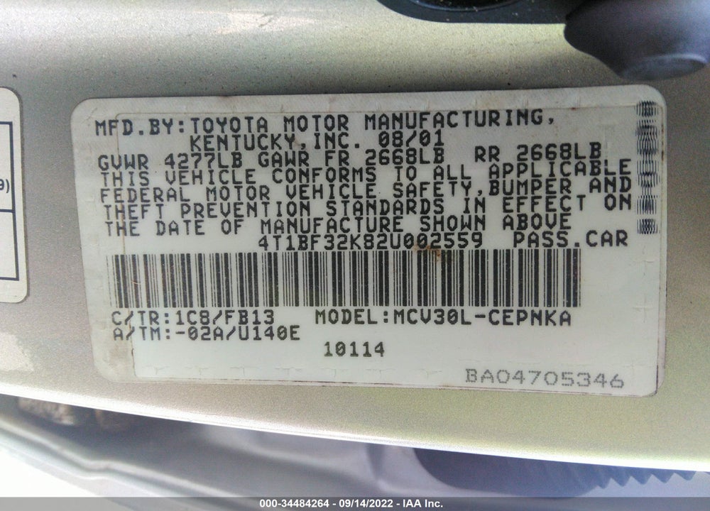 2002 TOYOTA CAMRY LE VIN: 4T1BF32K82U002559