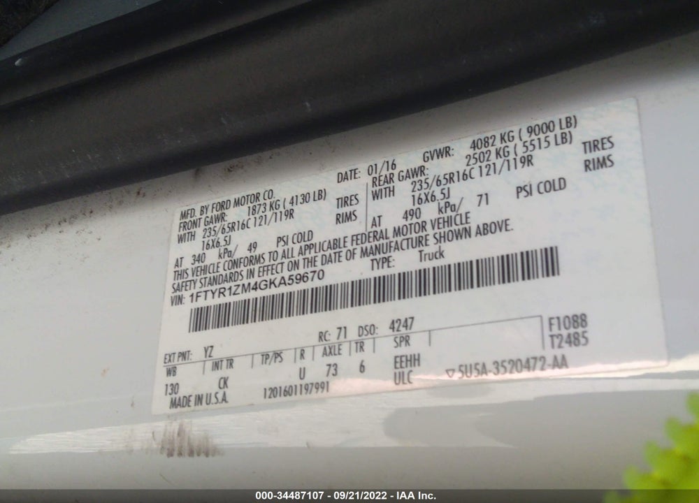 2016 FORD TRANSIT-250 VIN: 1FTYR1ZM4GKA59670