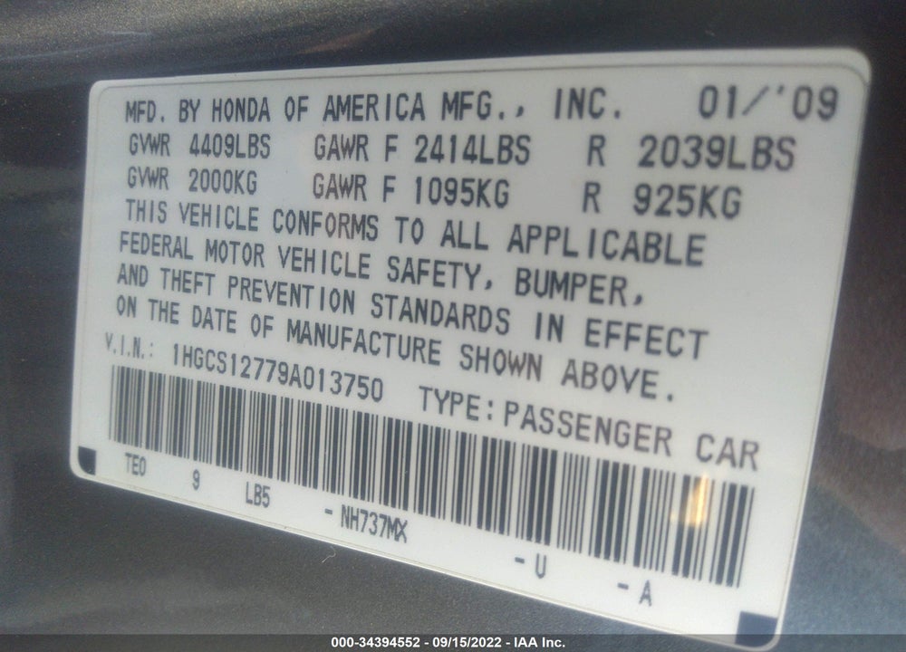2009 HONDA ACCORD 2.4 EX VIN: 1HGCS12779A013750