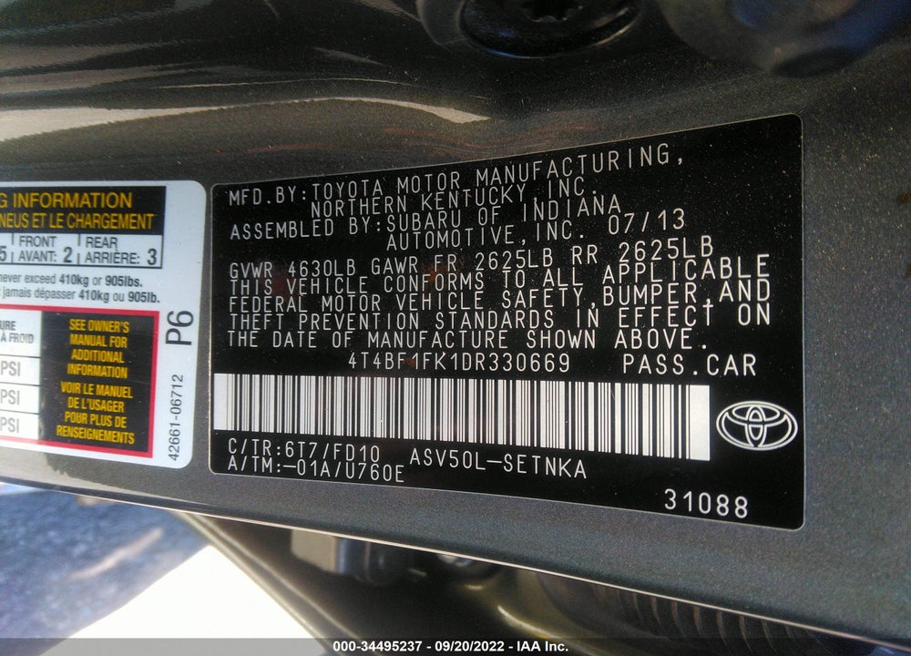 2013 TOYOTA CAMRY LE VIN: 4T4BF1FK1DR330669