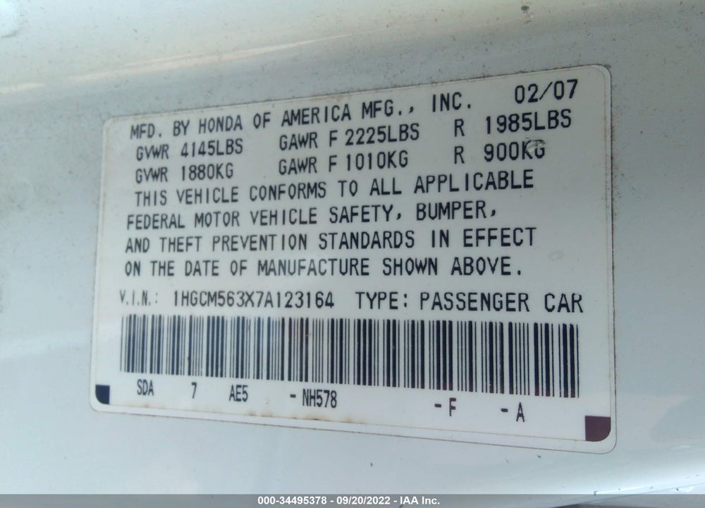 2007 HONDA ACCORD VIN: 1HGCM563X7A123164