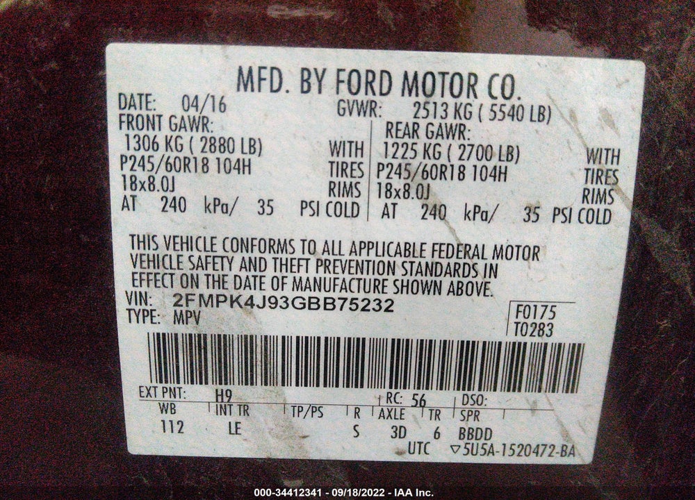 2016 FORD EDGE VIN: 2FMPK4J93GBB75232
