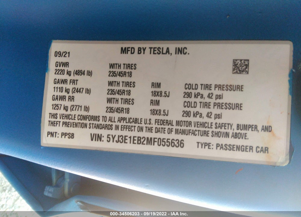 2021 TESLA MODEL 3 LONG RANGE DUAL MOTOR ALL-WHEEL DRIVE VIN: 5YJ3E1EB2MF055636