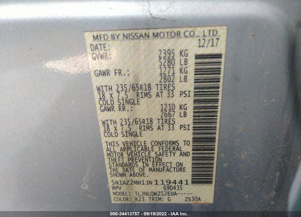 2018 NISSAN MURANO VIN: 5N1AZ2MH1JN119441