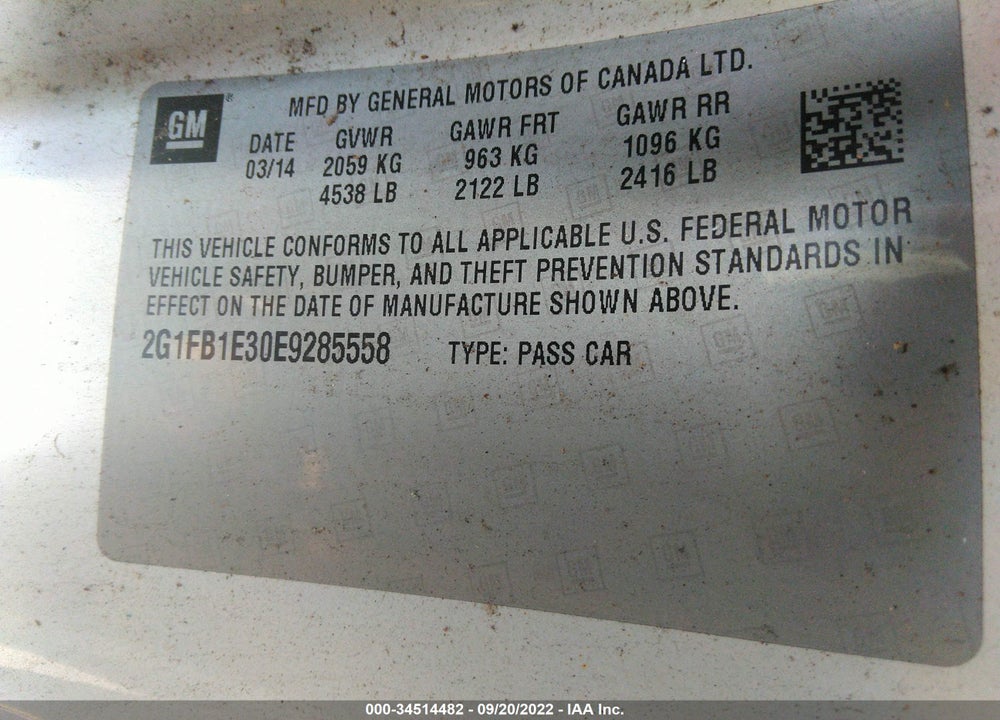 2014 CHEVROLET CAMARO 1LT VIN: 2G1FB1E30E9285558