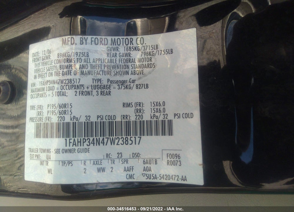 2007 FORD FOCUS S/SE/SES VIN: 1FAHP34N47W238517
