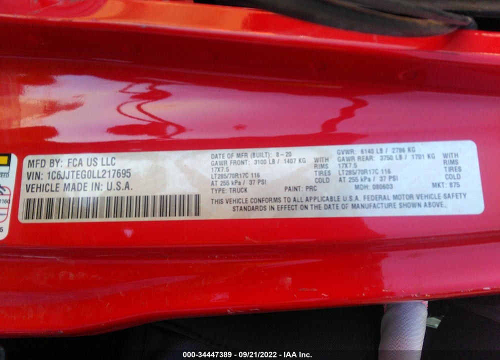 2020 JEEP GLADIATOR VIN: 1C6JJTEG0LL217695
