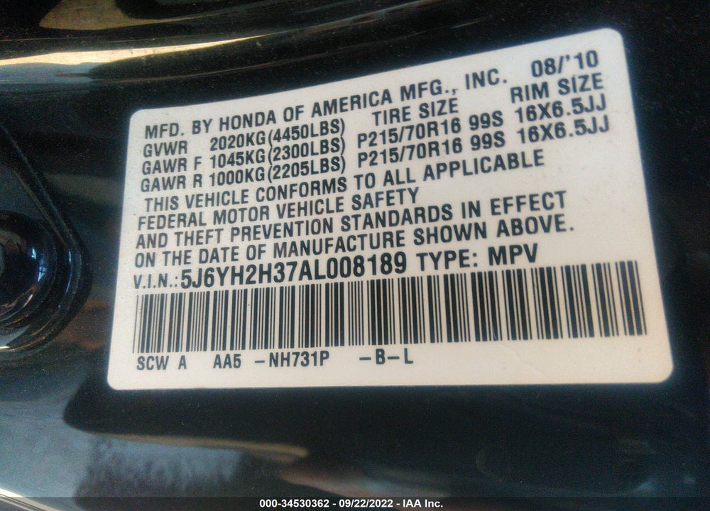 2010 HONDA ELEMENT LX VIN: 5J6YH2H37AL008189