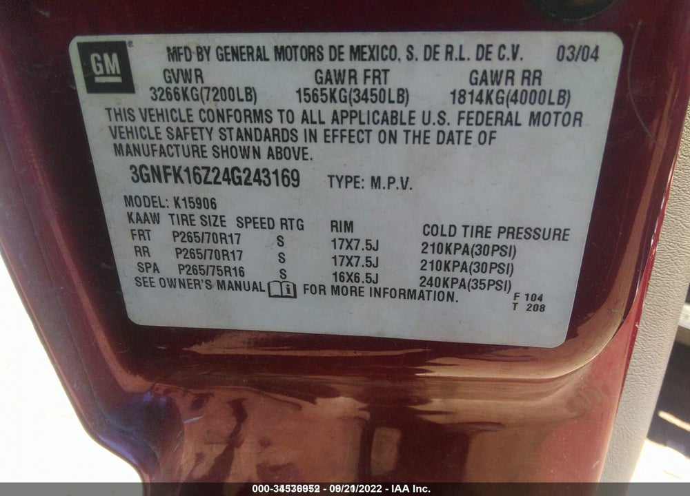 2004 CHEVROLET SUBURBAN 1500 Z71 VIN: 3GNFK16Z24G243169