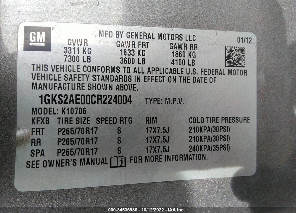 2012 GMC YUKON SLE VIN: 1GKS2AE00CR224004