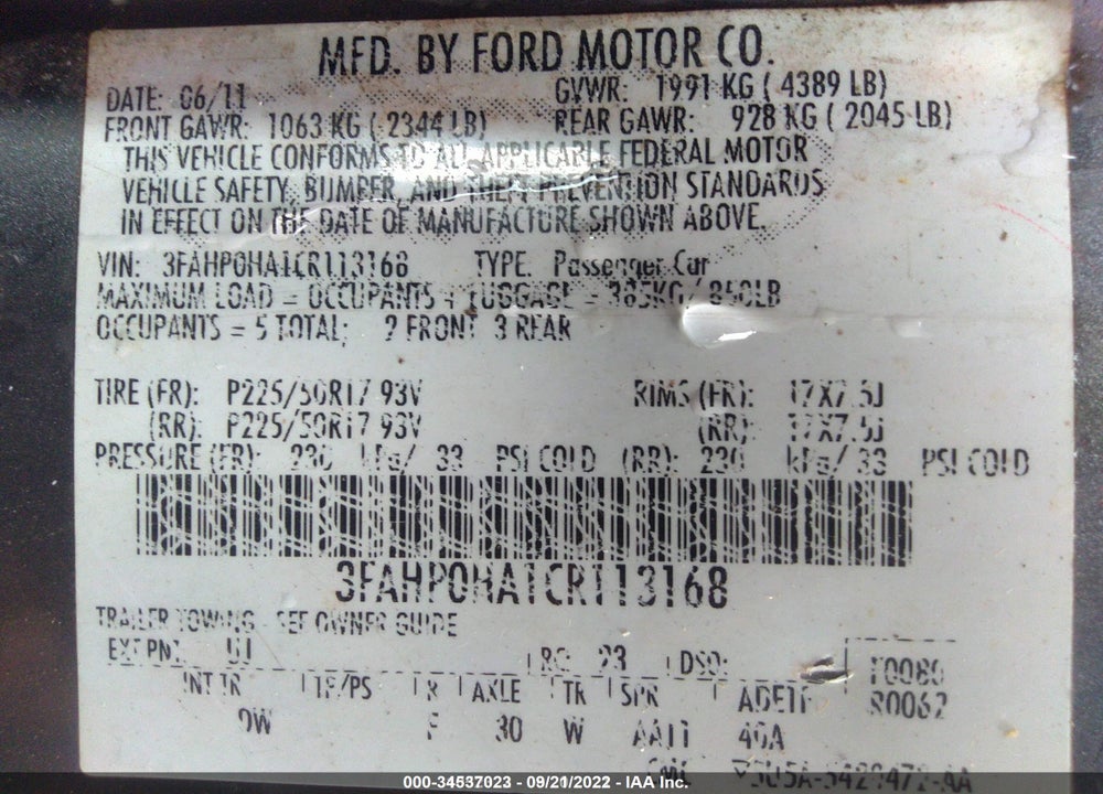 2012 FORD FUSION VIN: 3FAHP0HA1CR113168