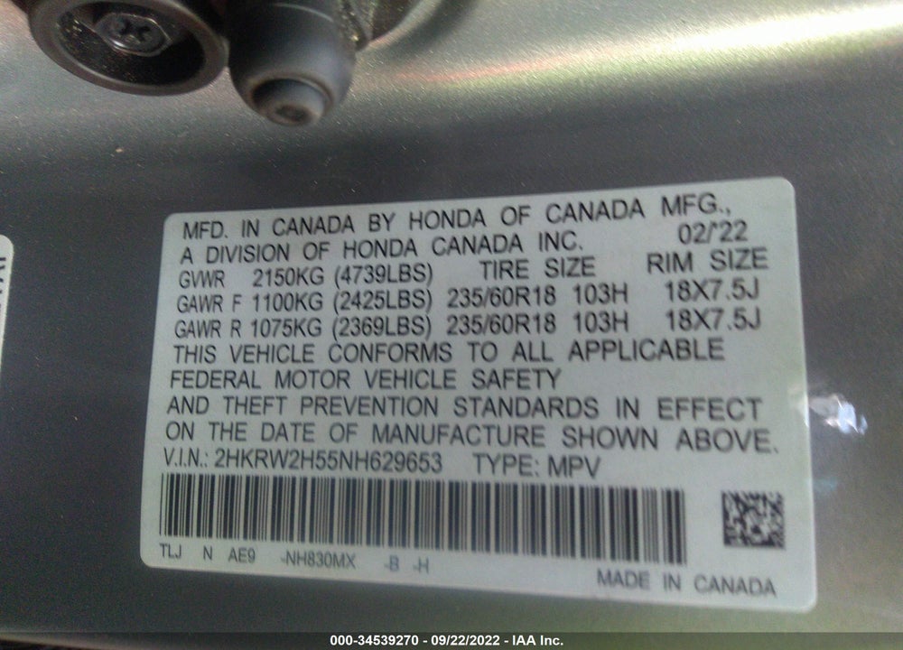 2022 HONDA CR-V AWD EX VIN: 2HKRW2H55NH629653