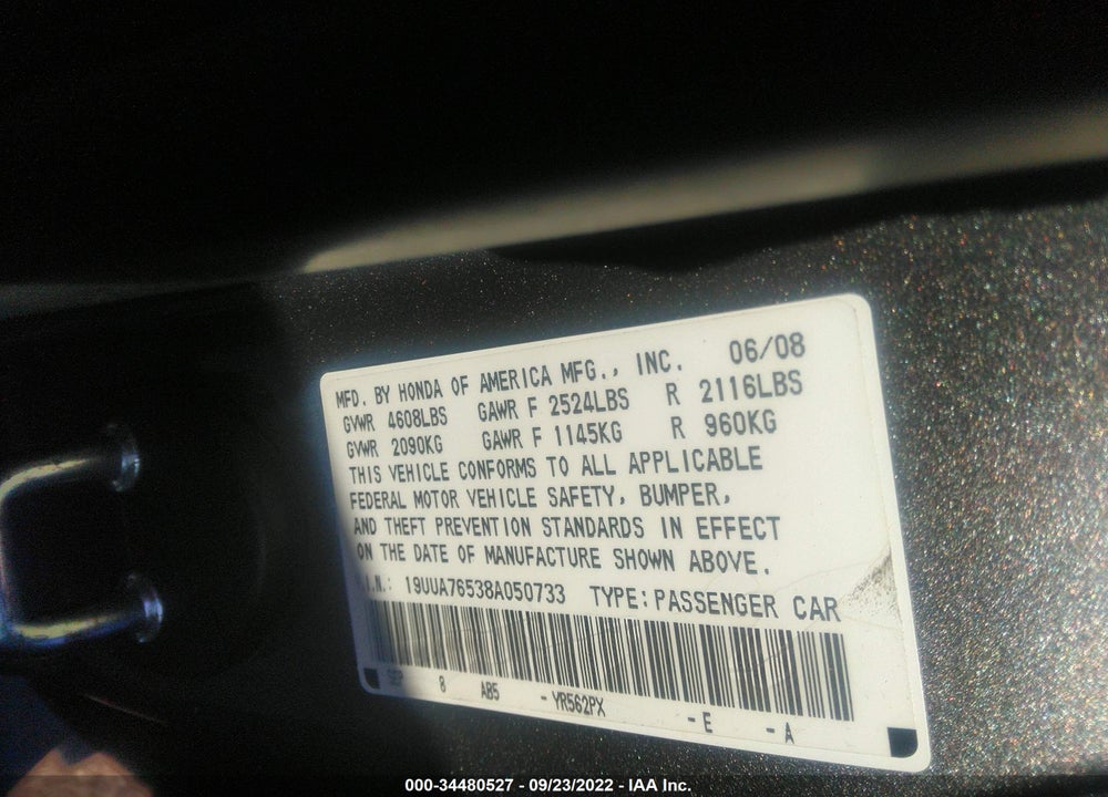 2008 ACURA TL VIN: 19UUA76538A050733