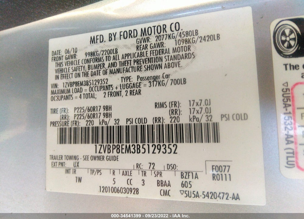 2011 FORD MUSTANG V6 VIN: 1ZVBP8EM3B5129352