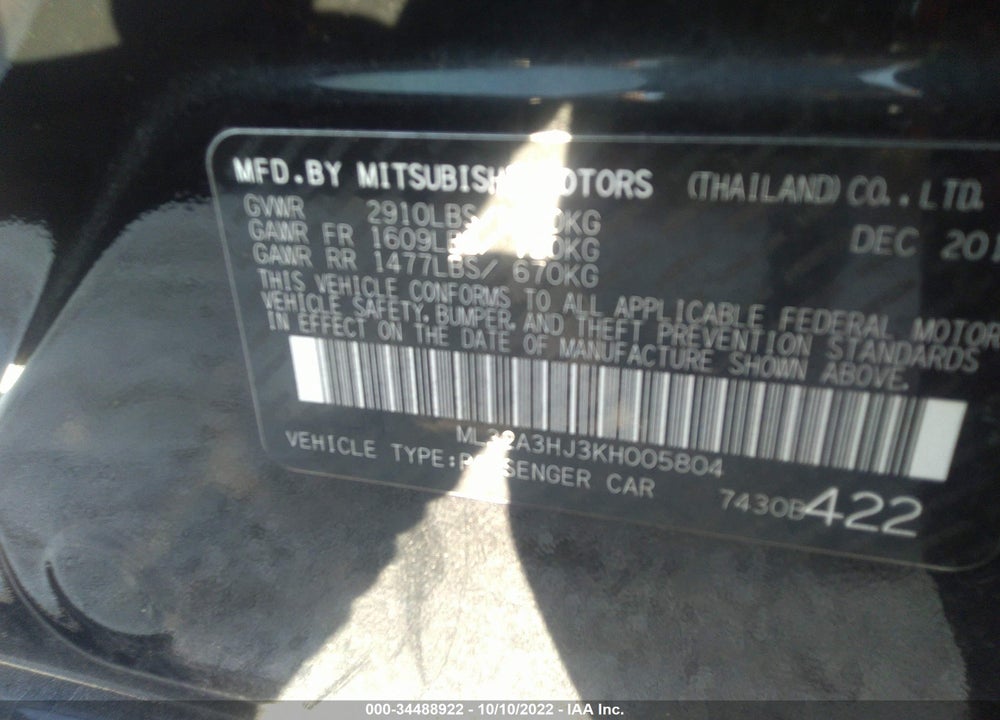 2019 MITSUBISHI MIRAGE ES VIN: ML32A3HJ3KH005804