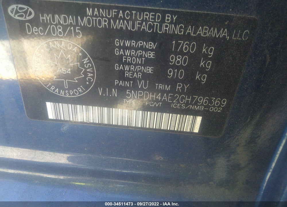 2016 HYUNDAI ELANTRA GL VIN: 5NPDH4AE2GH796369