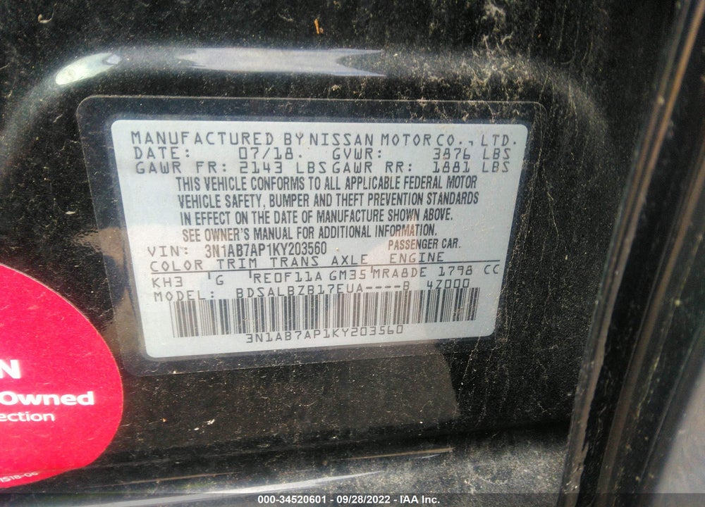 2019 NISSAN SENTRA VIN: 3N1AB7AP1KY203560