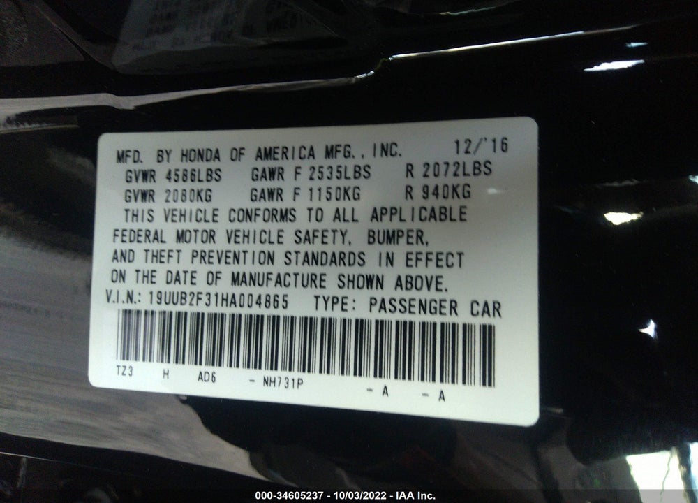 2017 ACURA TLX V6 VIN: 19UUB2F31HA004865