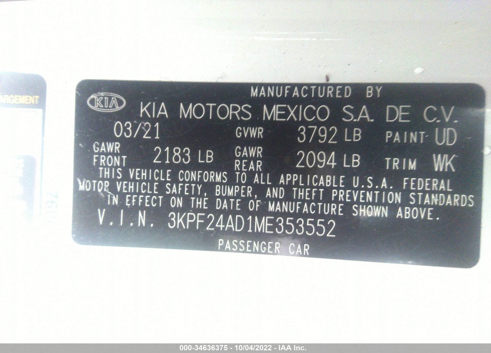 2021 KIA FORTE VIN: 3KPF24AD1ME353552
