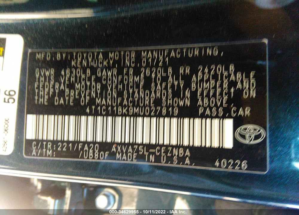 2021 TOYOTA CAMRY LE AWD VIN: 4T1C11BK9MU027819