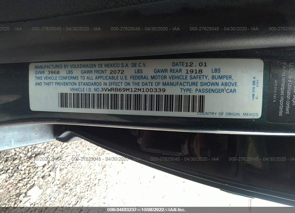 2002 VOLKSWAGEN JETTA GL VIN: 3VWRB69M12M100339