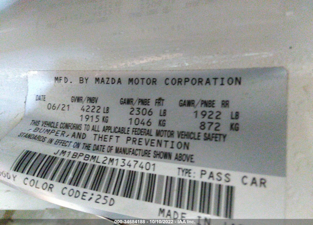 2021 MAZDA MAZDA3 HATCHBACK VIN: JM1BPBML2M1347401