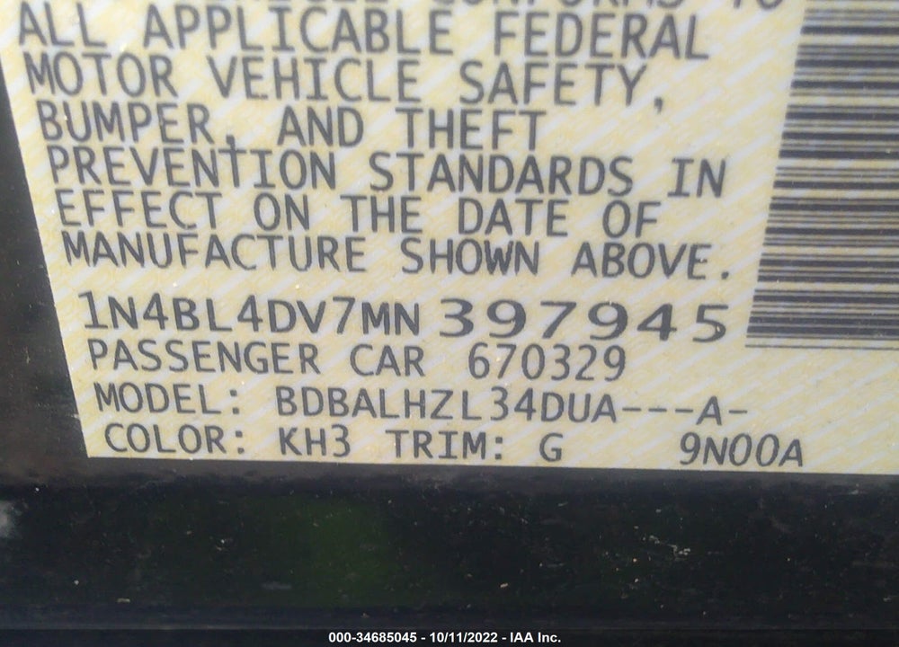 2021 NISSAN ALTIMA SV FWD VIN: 1N4BL4DV7MN397945