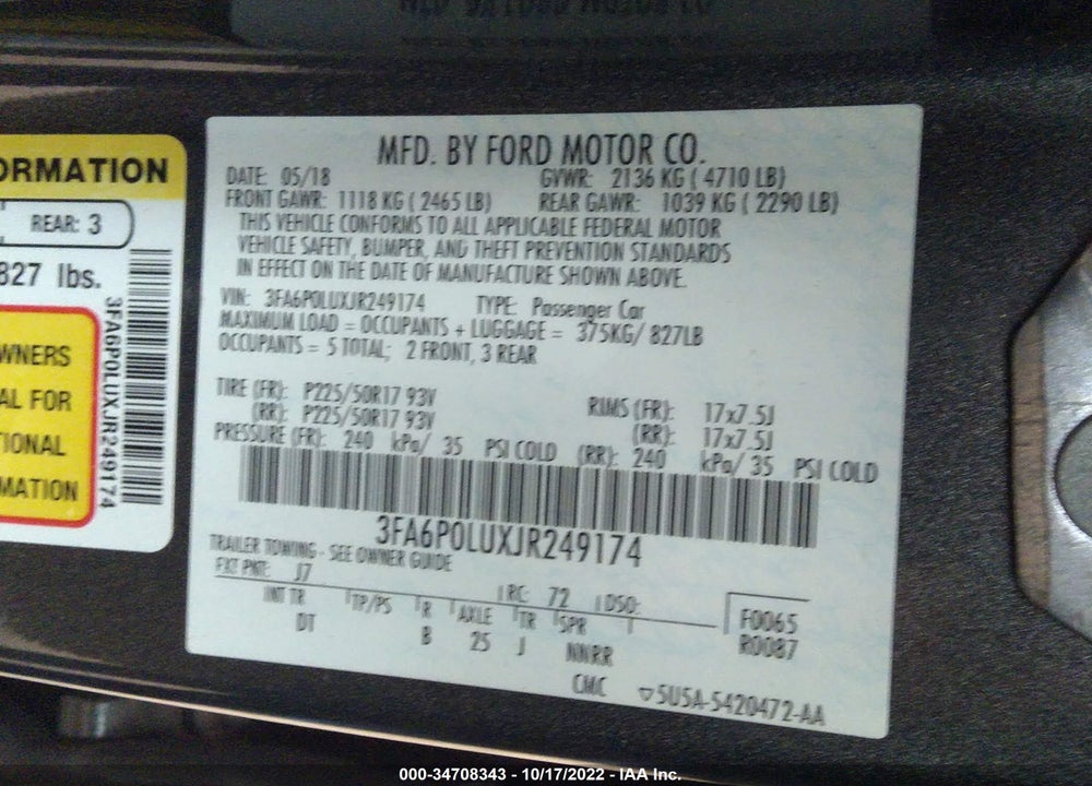 2018 FORD FUSION HYBRID SE VIN: 3FA6P0LUXJR249174