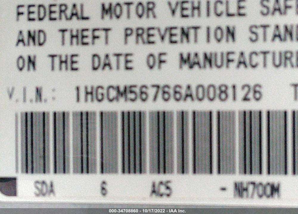 2006 HONDA ACCORD 2.4 EX VIN: 1HGCM56766A008126