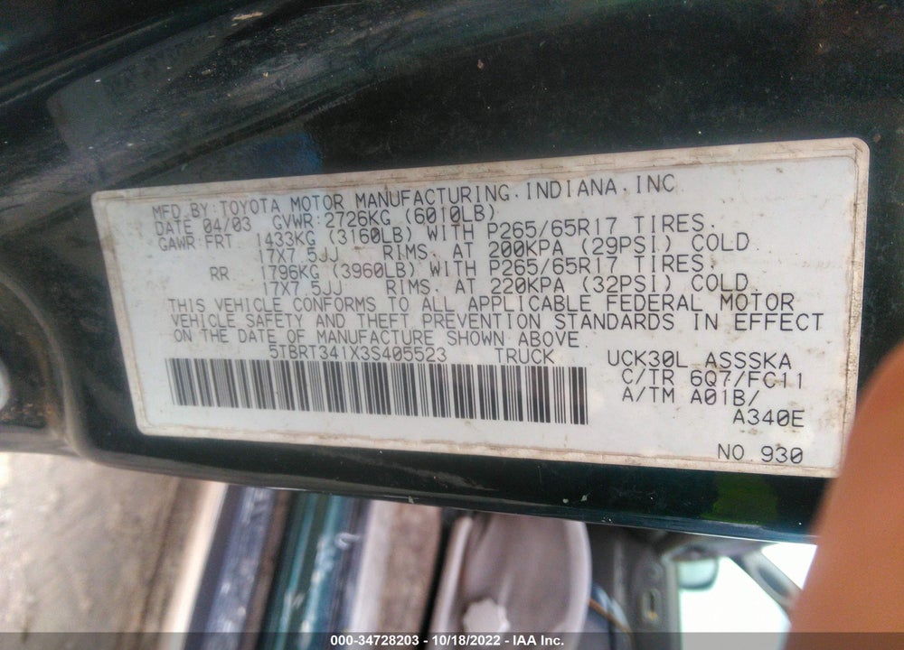 2003 TOYOTA TUNDRA SR5 VIN: 5TBRT341X3S405523