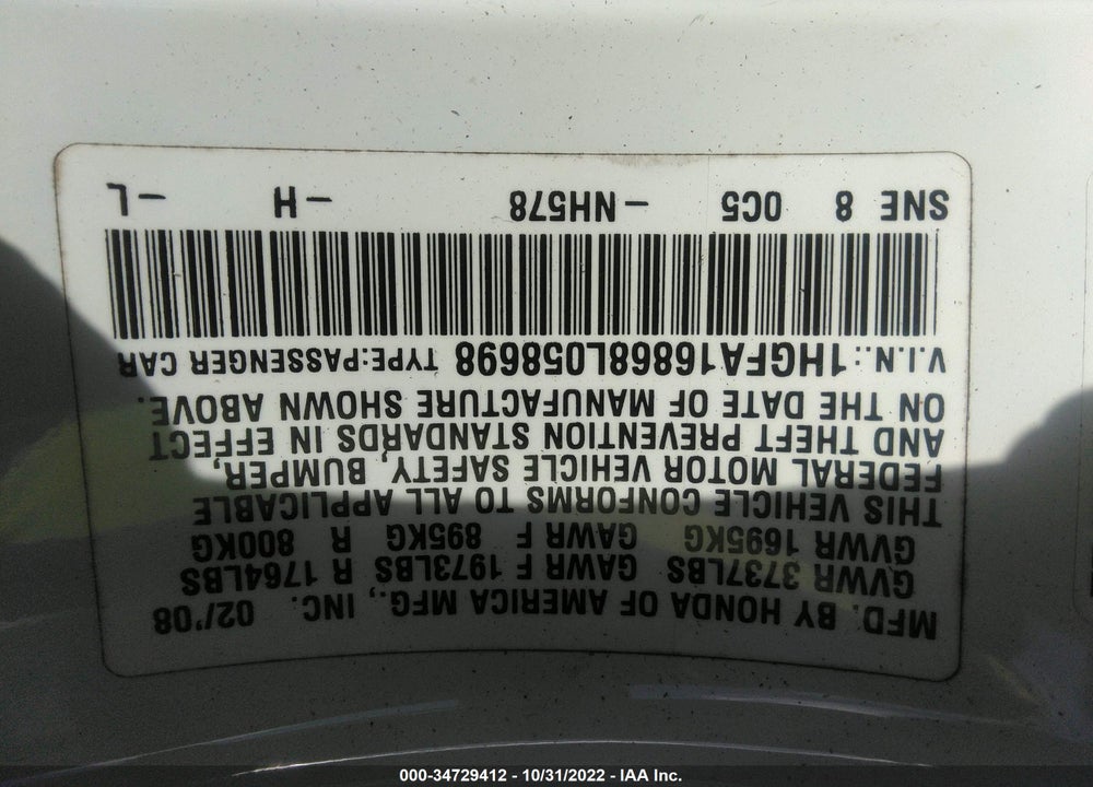 2008 HONDA CIVIC EX VIN: 1HGFA16868L058698