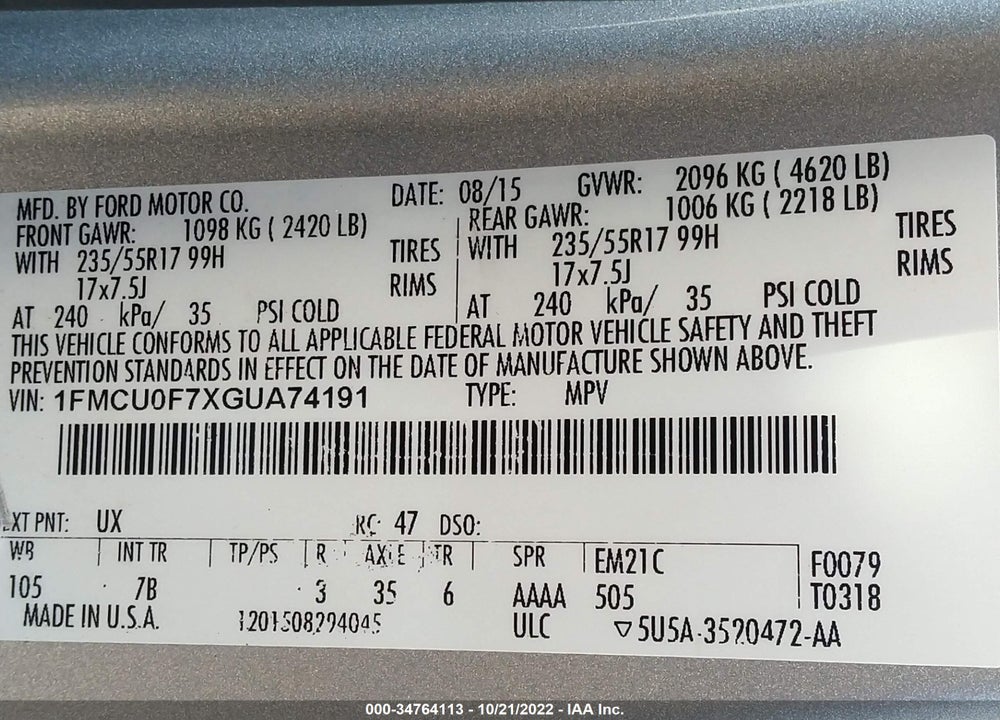 2016 FORD ESCAPE S VIN: 1FMCU0F7XGUA74191