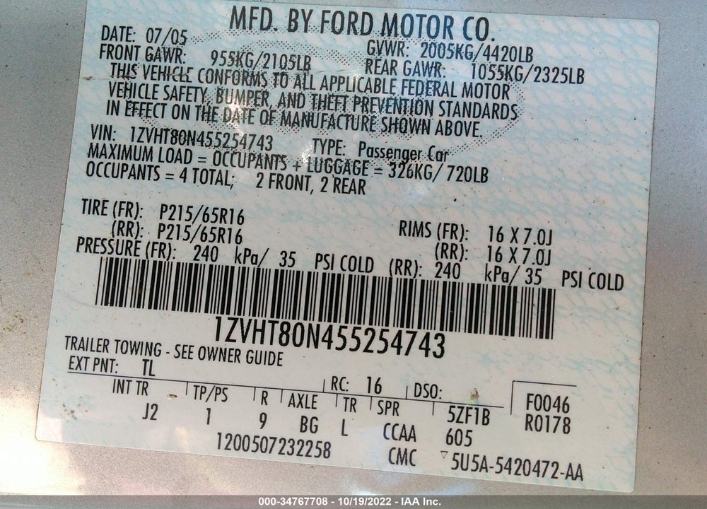 2005 FORD MUSTANG V6 DELUXE/V6 PREMIUM VIN: 1ZVHT80N455254743