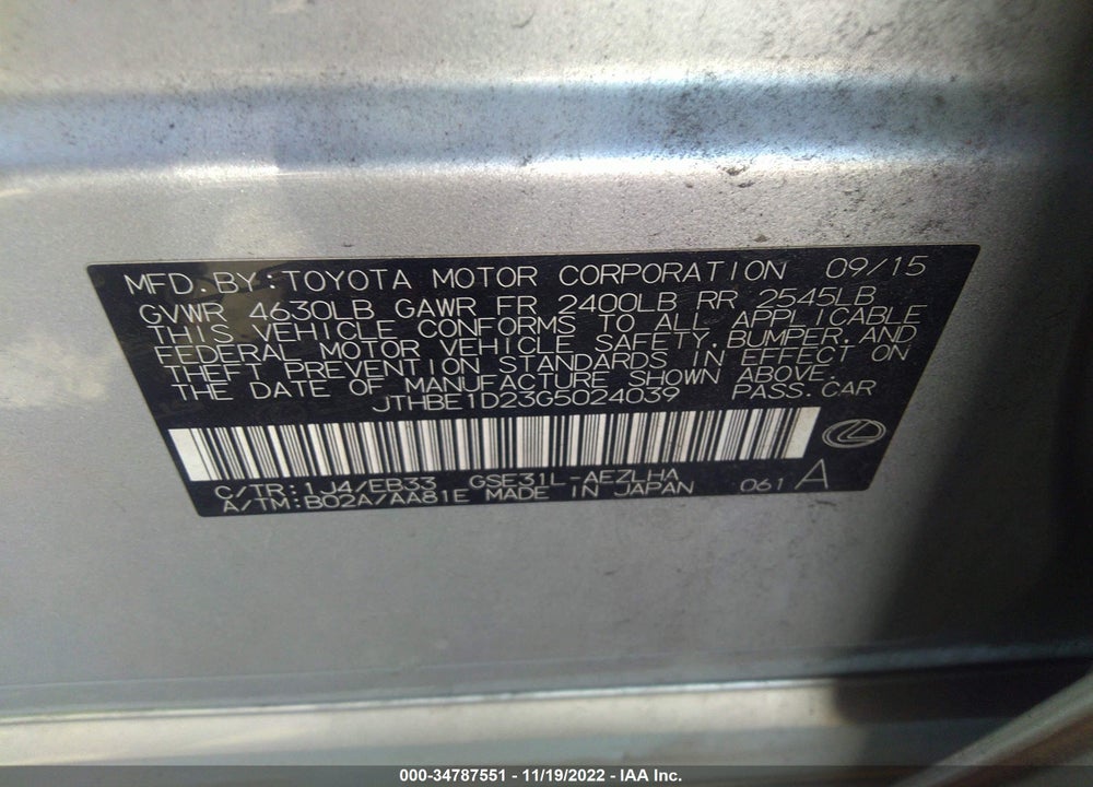 2016 LEXUS IS 350 VIN: JTHBE1D23G5024039