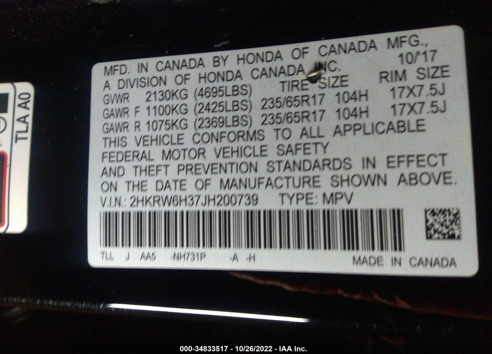 2018 HONDA CR-V VIN: 2HKRW6H37JH200739