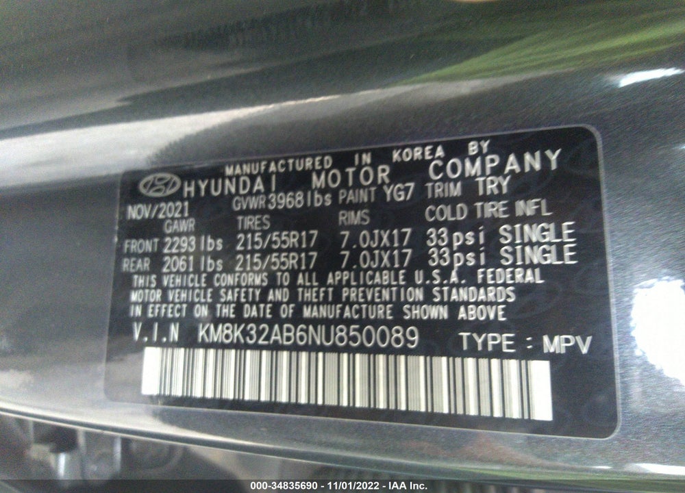 2022 HYUNDAI KONA SEL VIN: KM8K32AB6NU850089