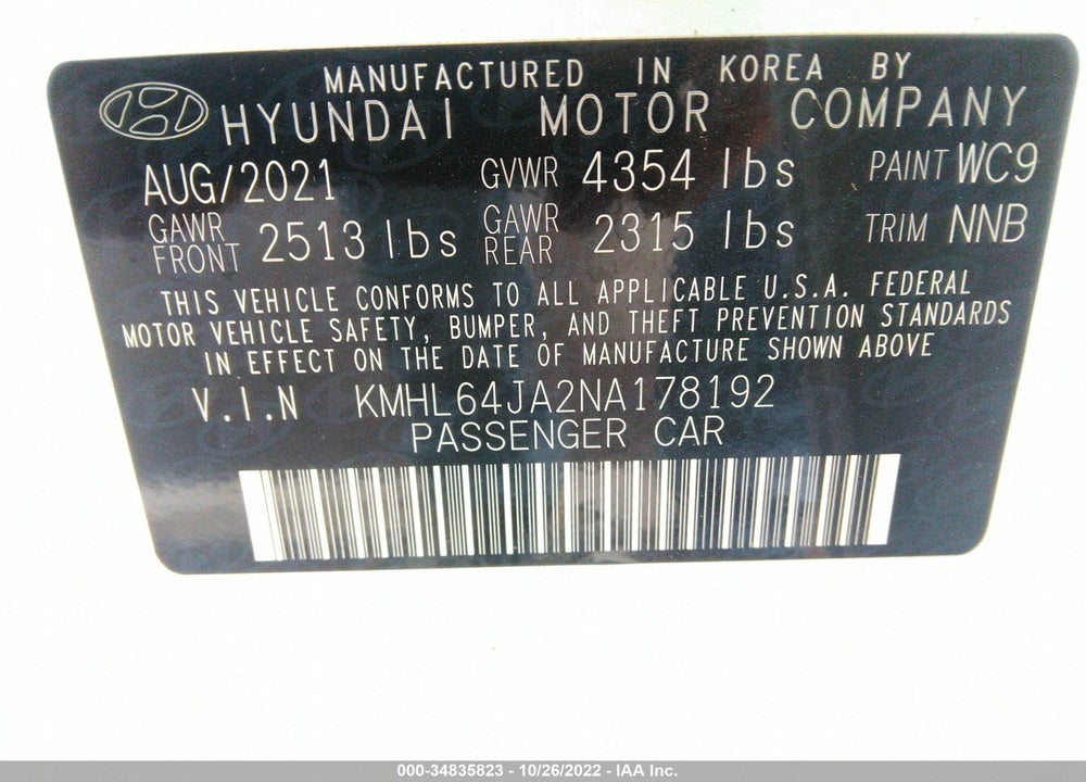 2022 HYUNDAI SONATA SEL VIN: KMHL64JA2NA178192