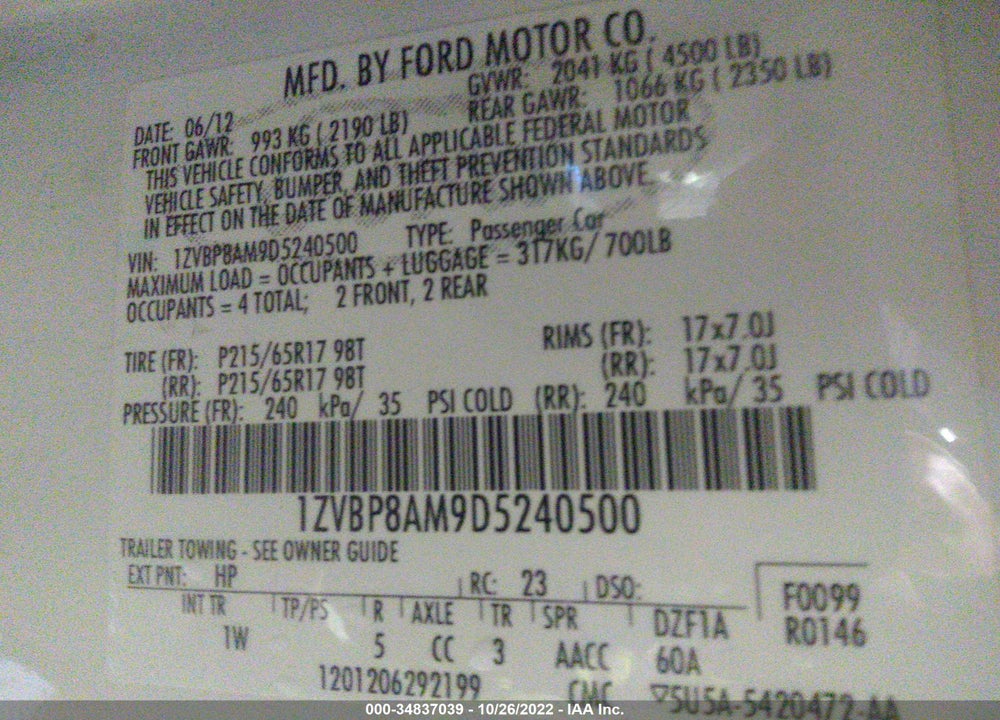 2013 FORD MUSTANG VIN: 1ZVBP8AM9D5240500