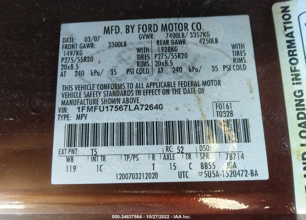 2007 FORD EXPEDITION EDDIE BAUER VIN: 1FMFU17567LA72640